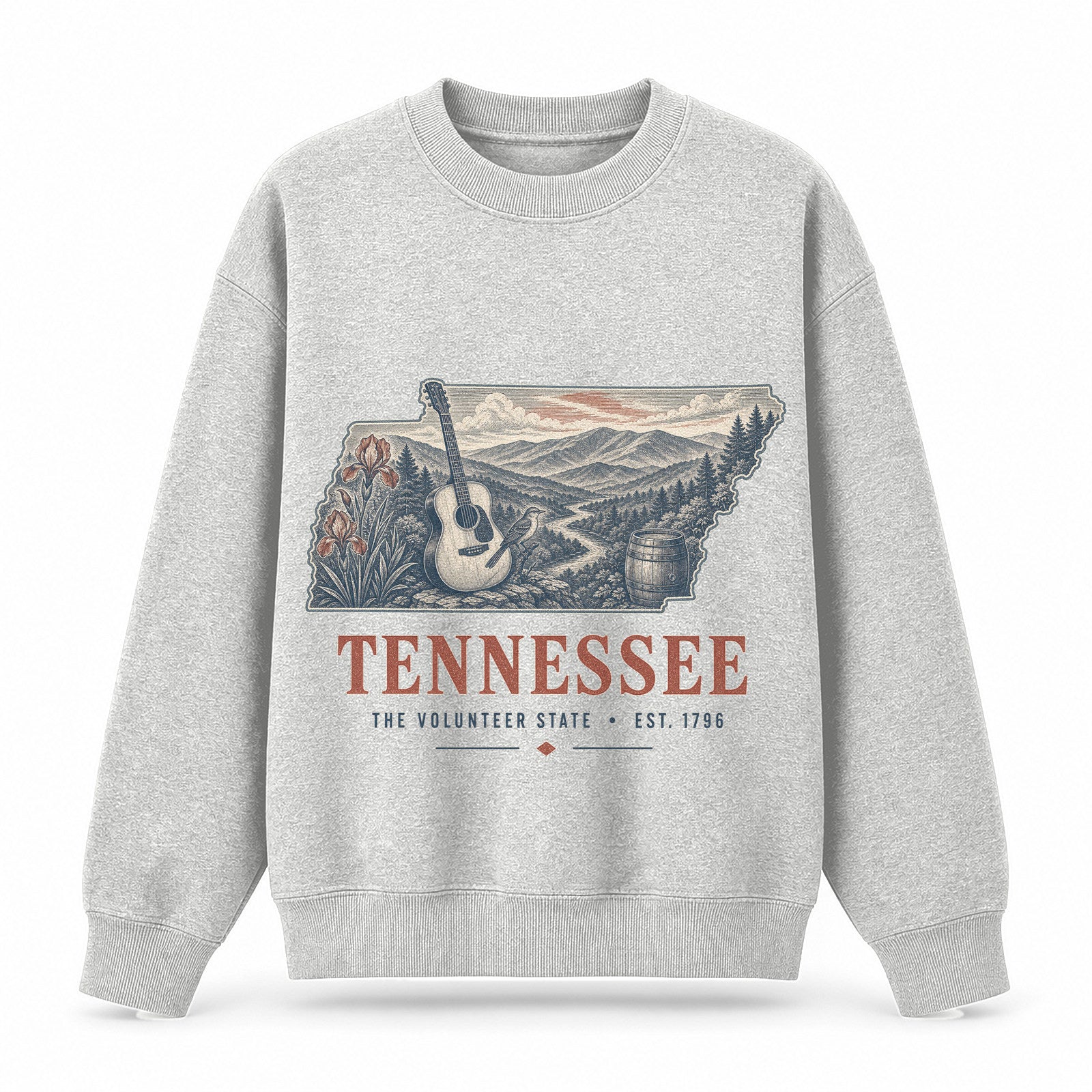 Vintage Tennessee State Graphic Crewneck Sweatshirt in Light Gray, front view on a white background