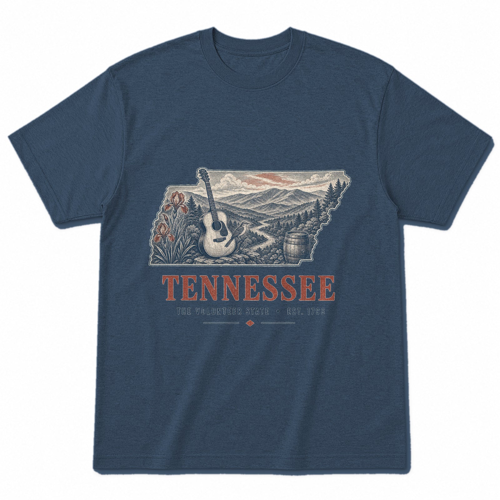 Vintage Tennessee State Graphic T-Shirt in Washed Navy, front view on a white background