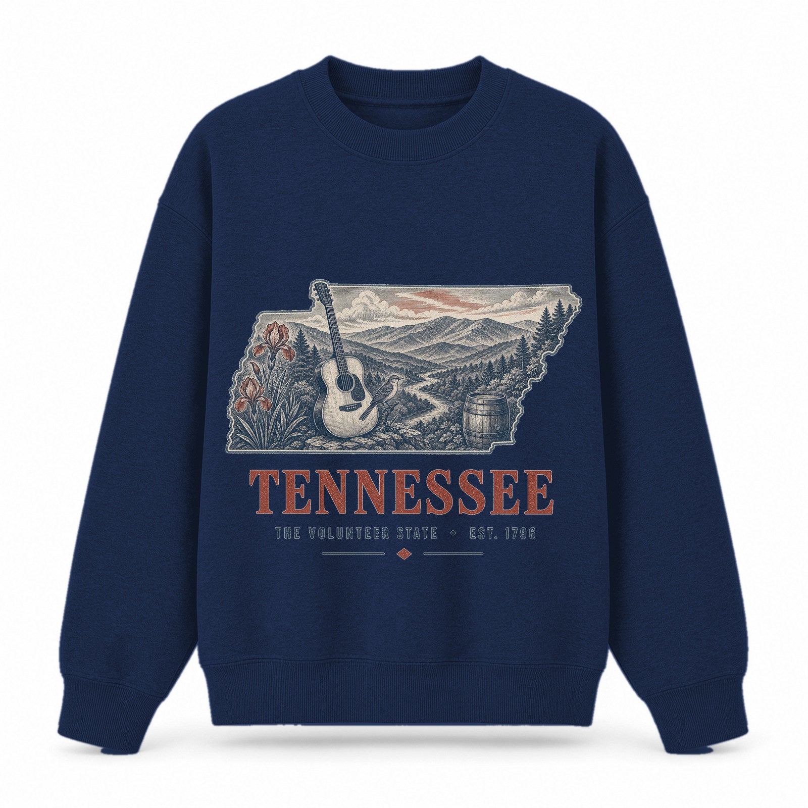 Vintage Tennessee State Graphic Crewneck Sweatshirt in Navy, front view on a white background