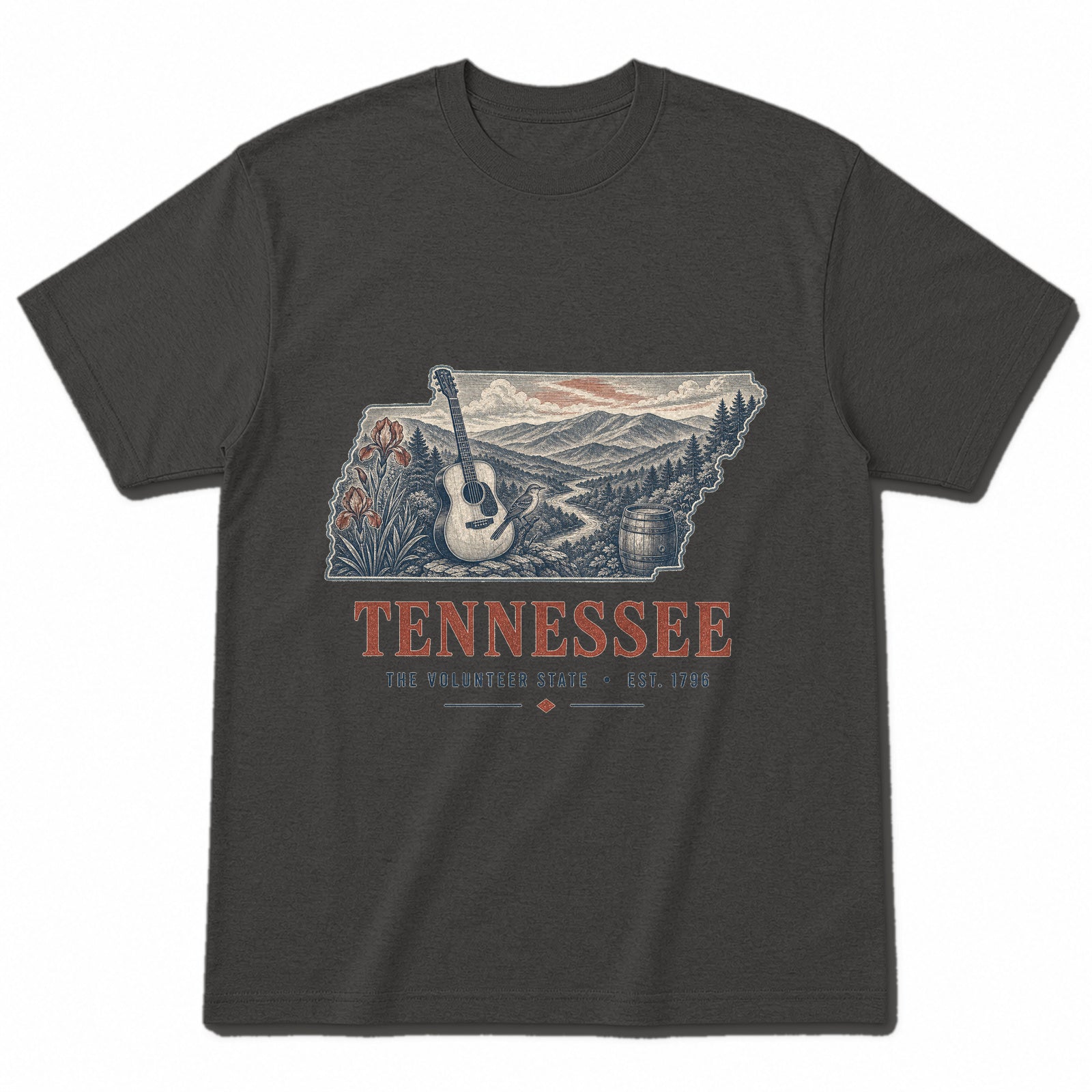 Vintage Tennessee State Graphic T-Shirt in Vintage Charcoal, front view on a white background