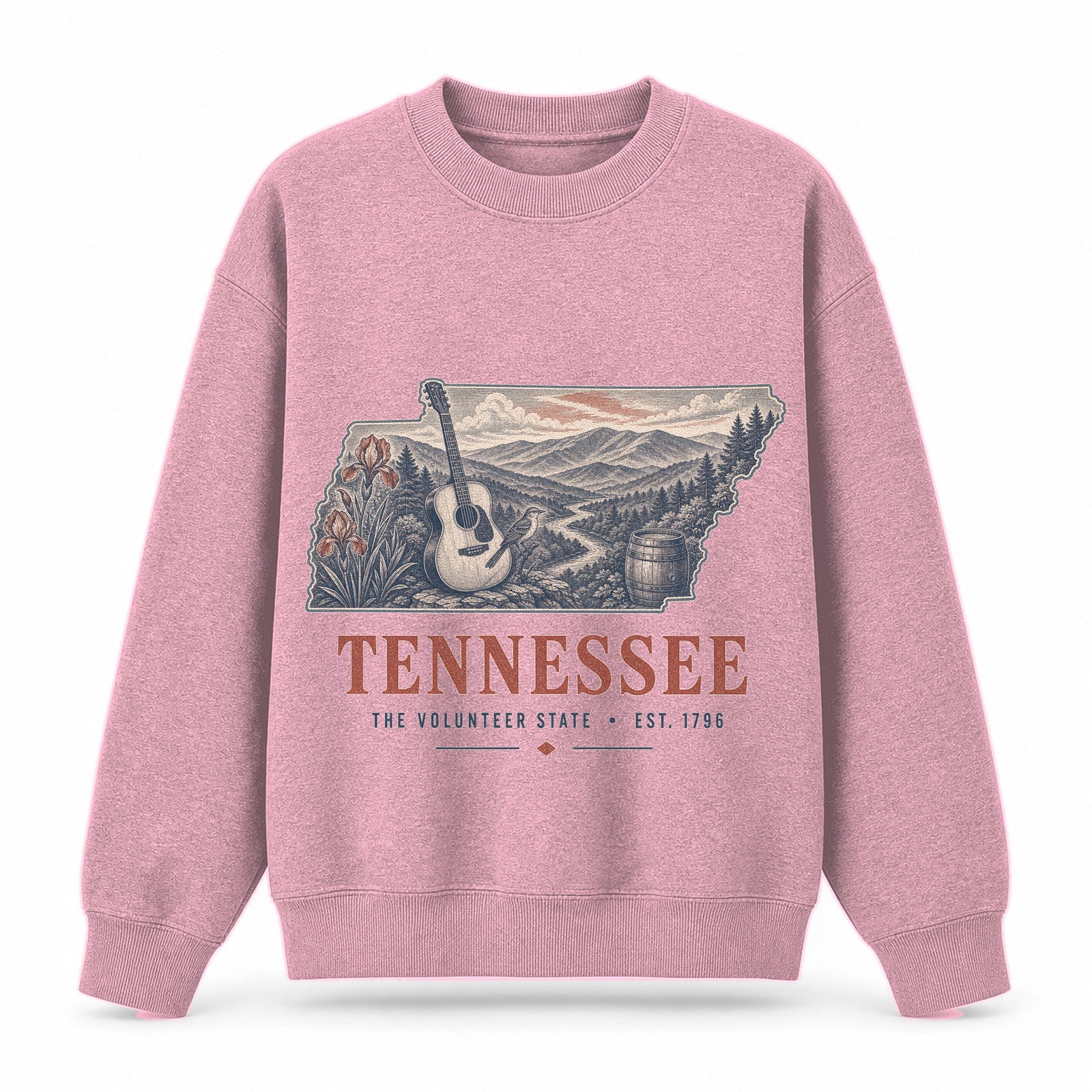 Vintage Tennessee State Graphic Crewneck Sweatshirt in Pink, front view on a white background