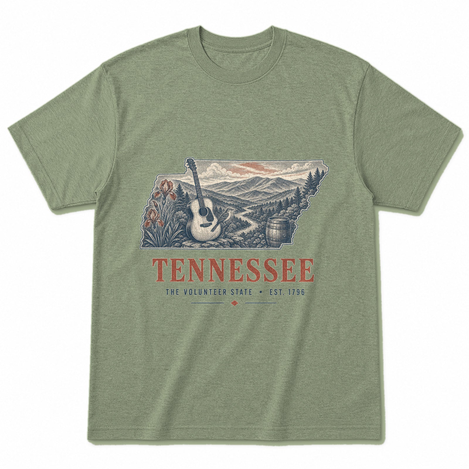 Vintage Tennessee State Graphic T-Shirt in Light Sage Green, front view on a white background