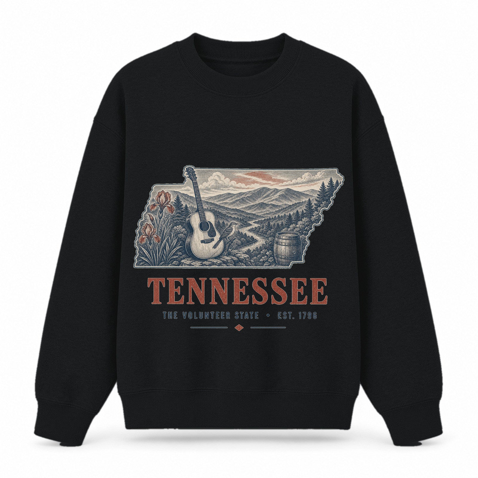 Vintage Tennessee State Graphic Crewneck Sweatshirt in Black, front view on a white background
