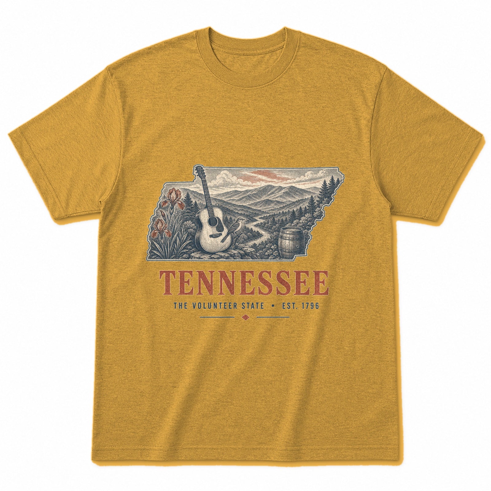 Vintage Tennessee State Graphic T-Shirt in Vintage Mustard Yellow, front view on a white background