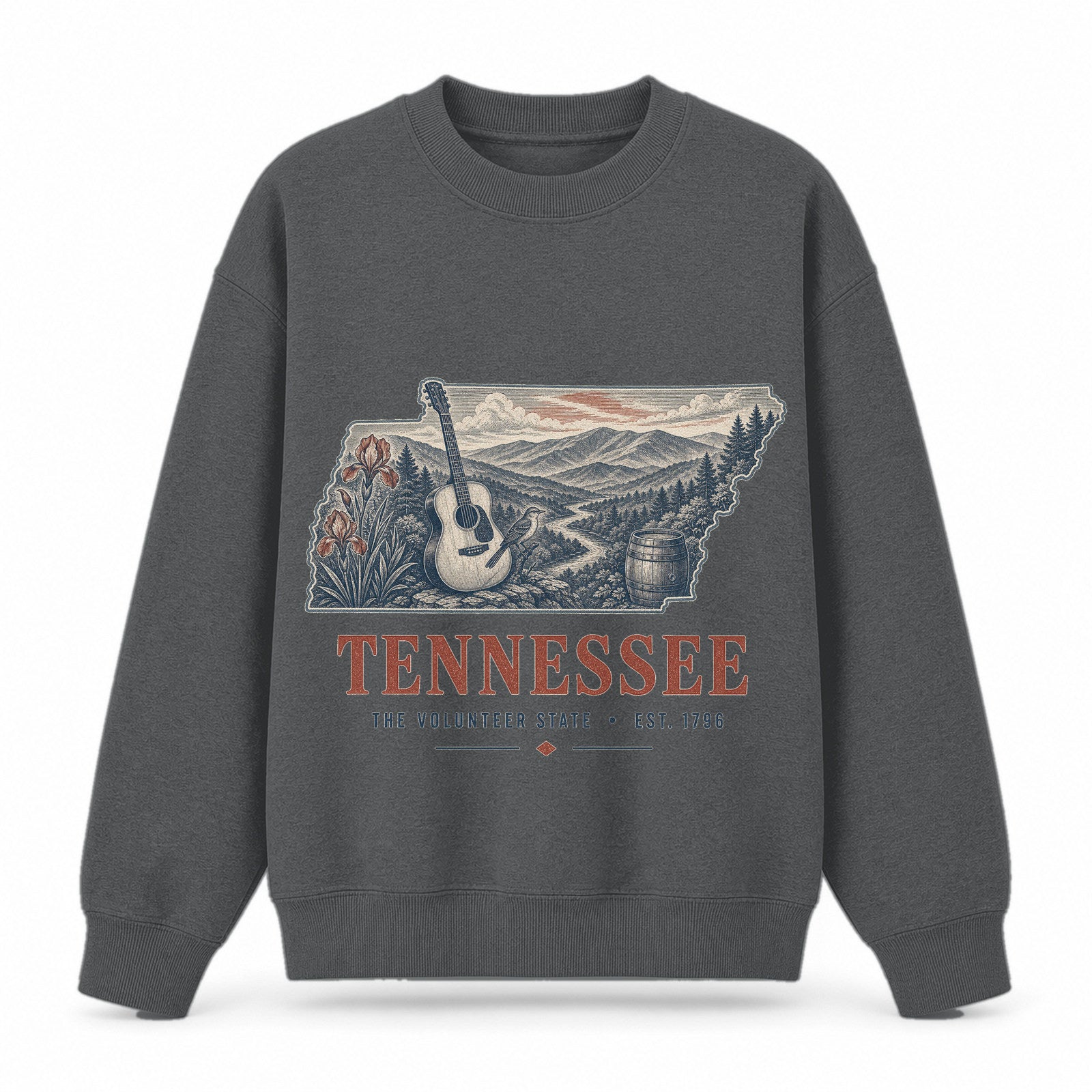 Vintage Tennessee State Graphic Crewneck Sweatshirt in Dark Gray, front view on a white background