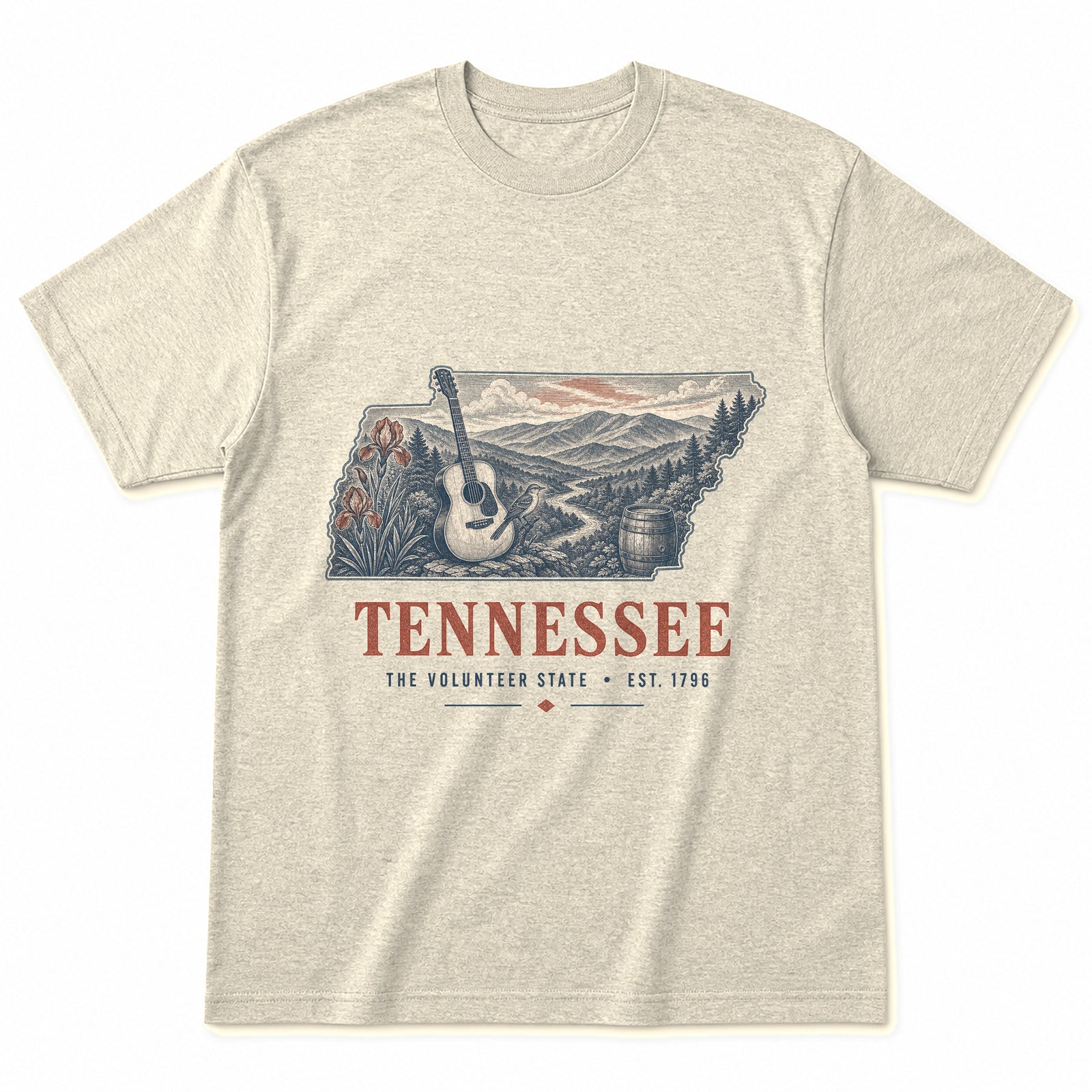 Vintage Tennessee State Graphic T-Shirt in Natural Cream, front view on a white background