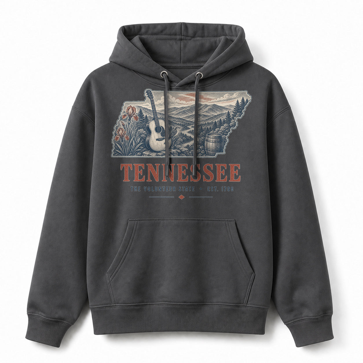 Vintage Tennessee State Graphic Pullover Hoodie in Dark Gray, front view on a white background