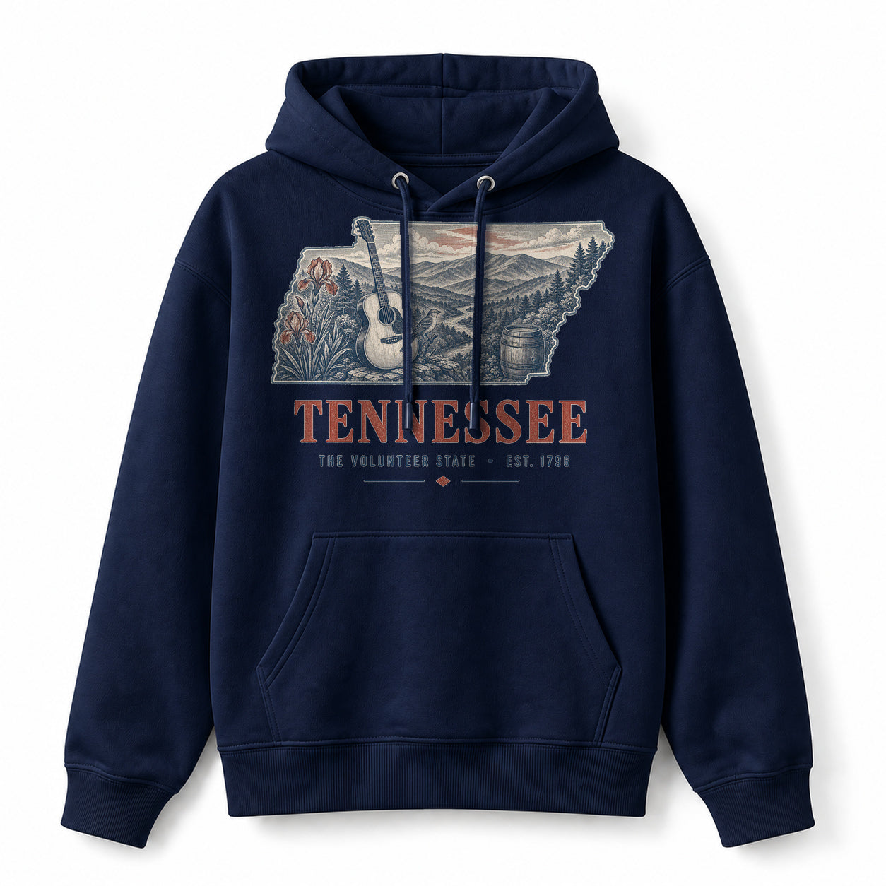 Vintage Tennessee State Graphic Pullover Hoodie in Navy, front view on a white background