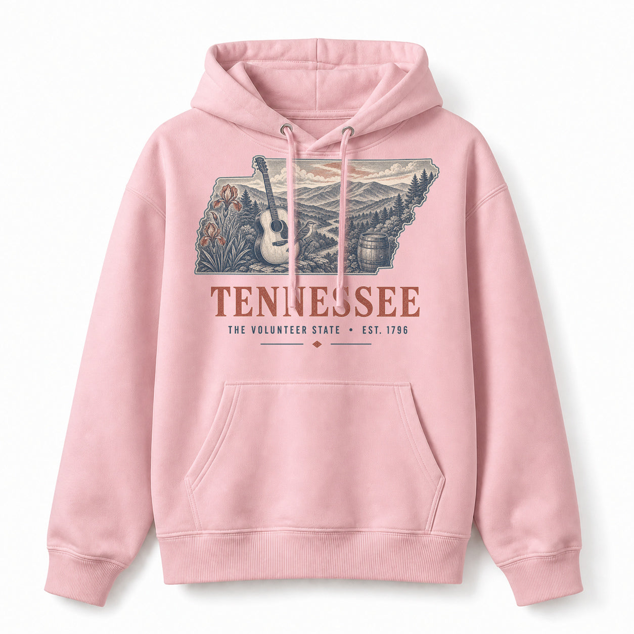 Vintage Tennessee State Graphic Pullover Hoodie in Light Pink, front view on a white background