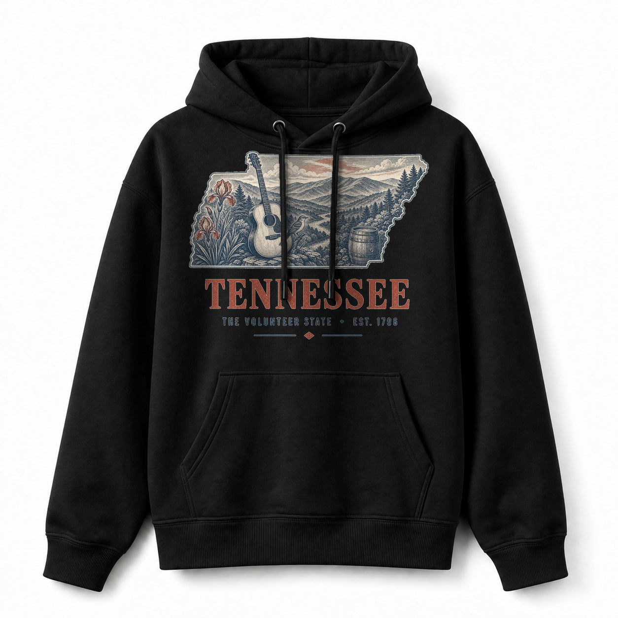 Vintage Tennessee State Graphic Pullover Hoodie in Black, front view on a white background