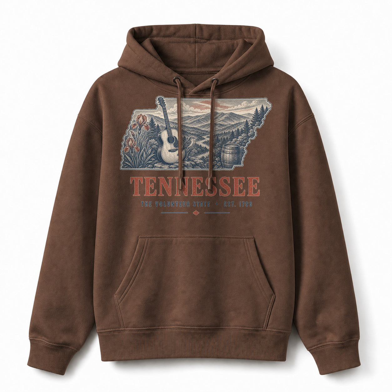 Vintage Tennessee State Graphic Pullover Hoodie in Coffee Brown, front view on a white background