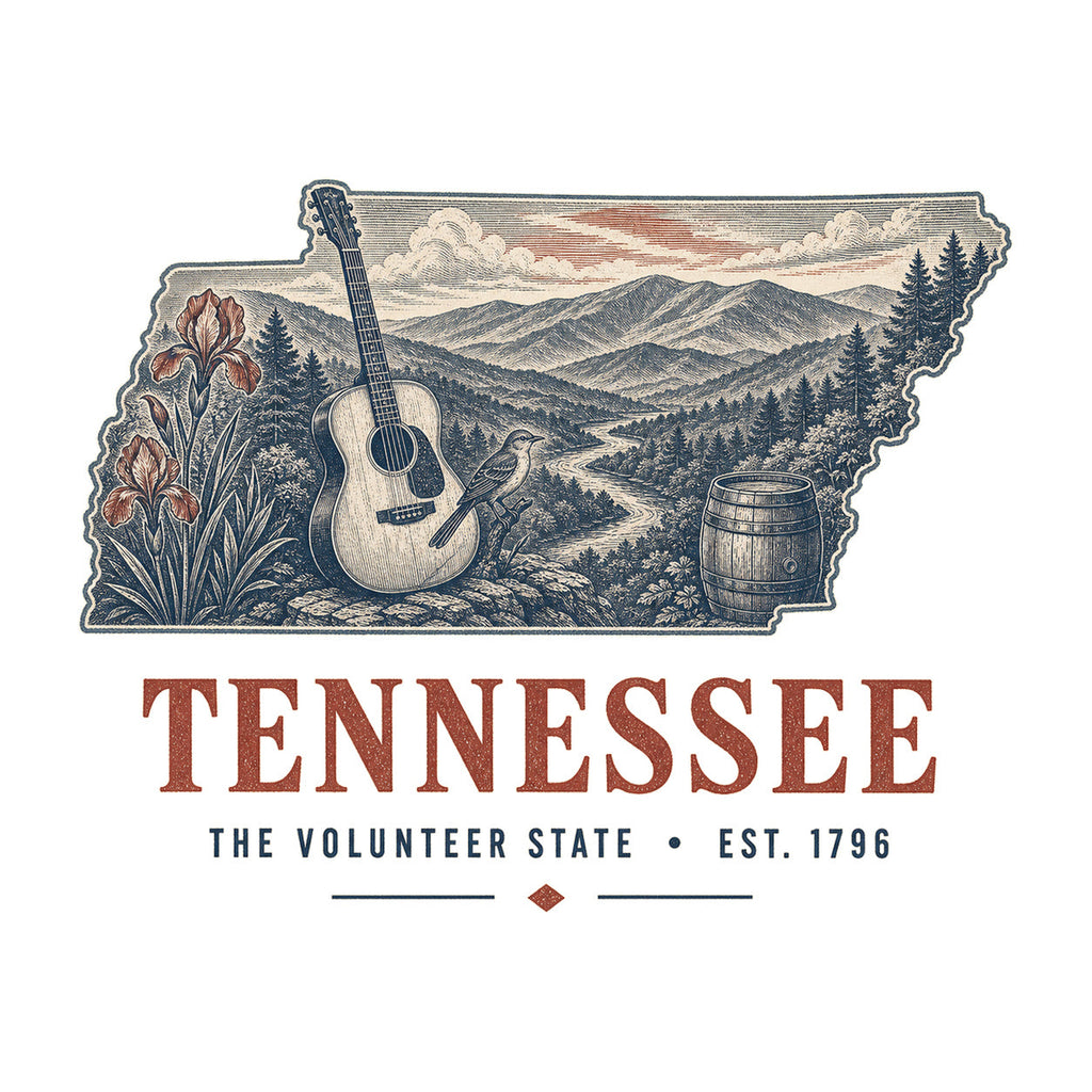 Tennessee vintage state artwork on a white background
