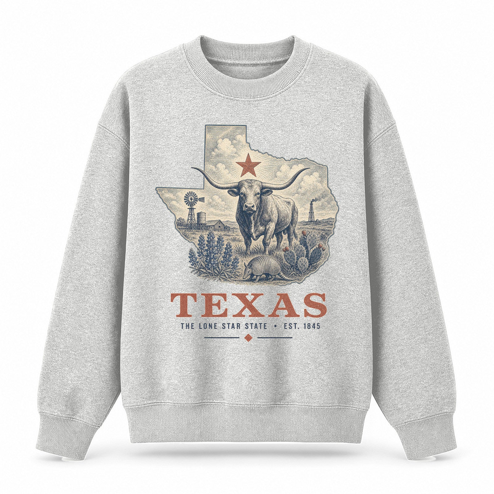 Vintage Texas State Graphic Crewneck Sweatshirt in Light Gray, front view on a white background