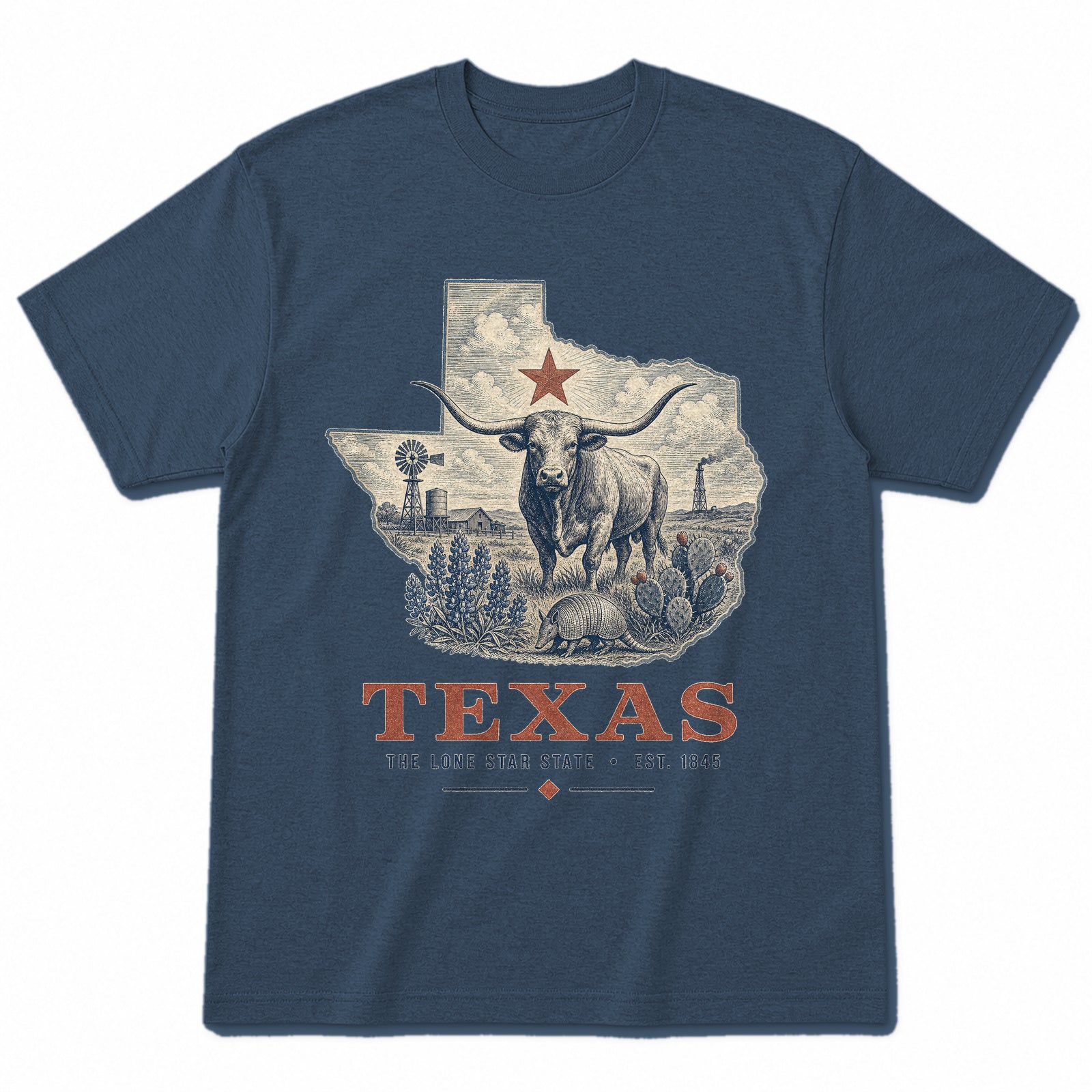 Vintage Texas State Graphic T-Shirt in Washed Navy, front view on a white background