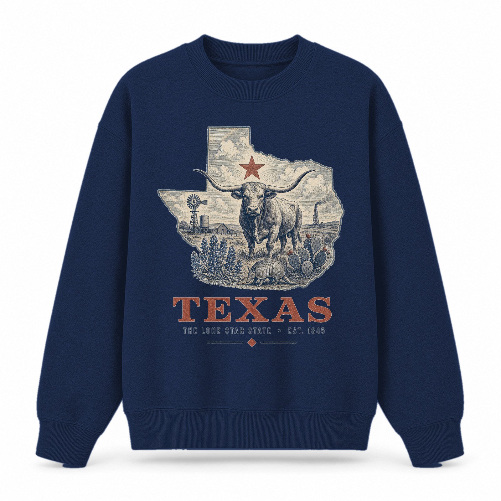 Vintage Texas State Graphic Crewneck Sweatshirt in Navy, front view on a white background