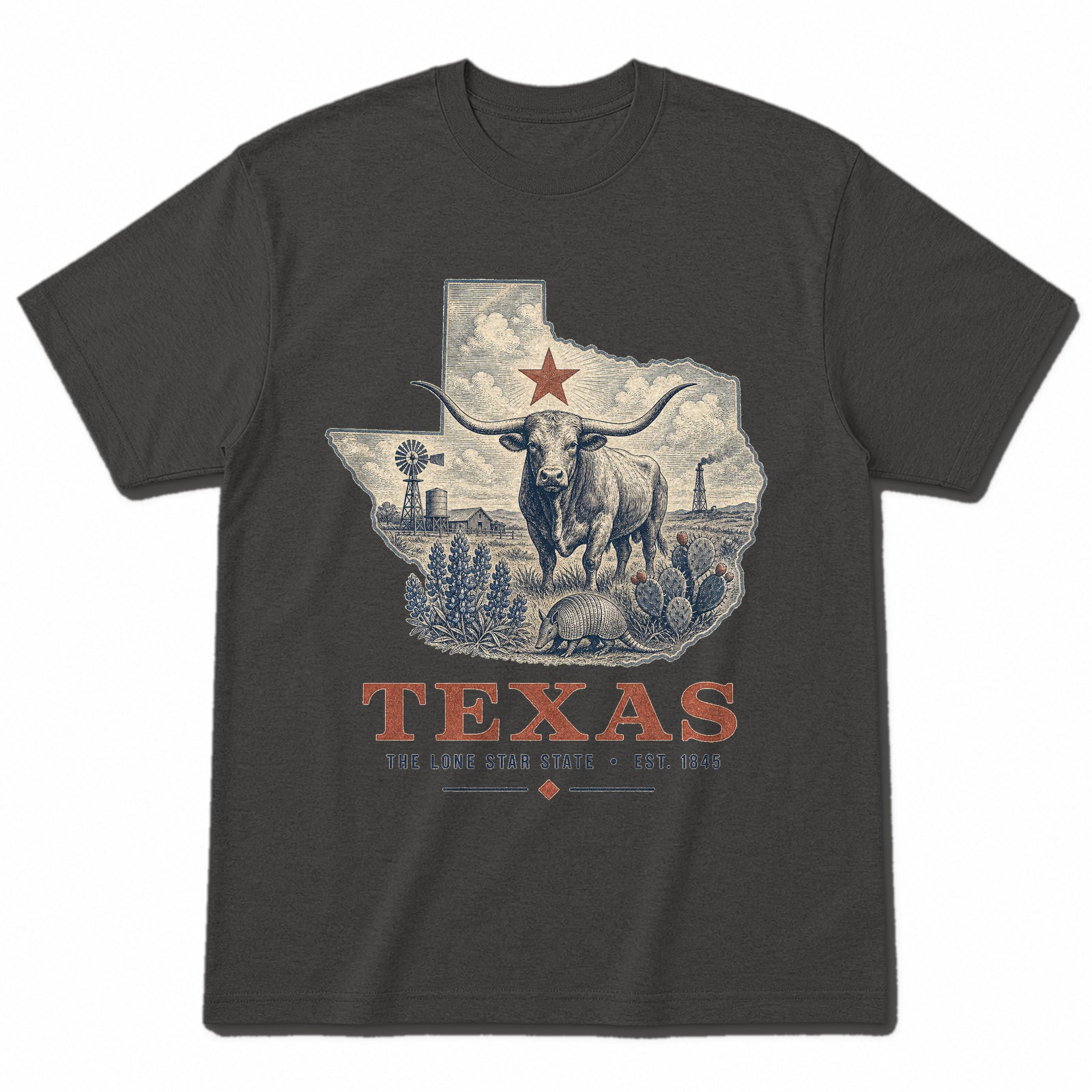 Vintage Texas State Graphic T-Shirt in Vintage Charcoal, front view on a white background