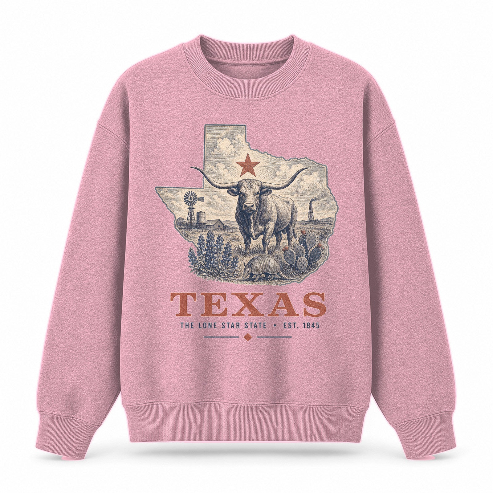 Vintage Texas State Graphic Crewneck Sweatshirt in Pink, front view on a white background