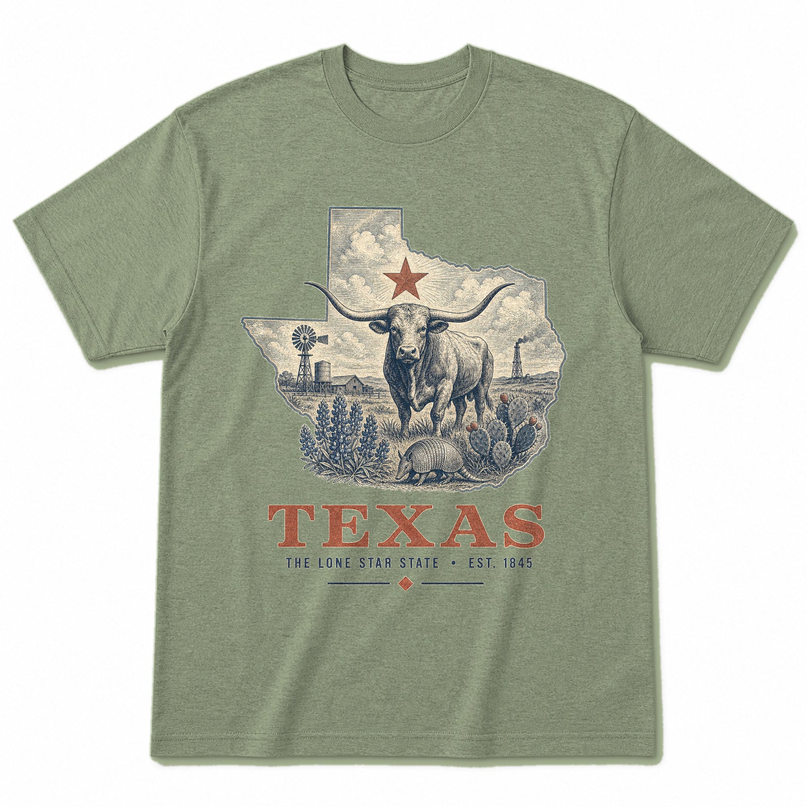 Vintage Texas State Graphic T-Shirt in Light Sage Green, front view on a white background