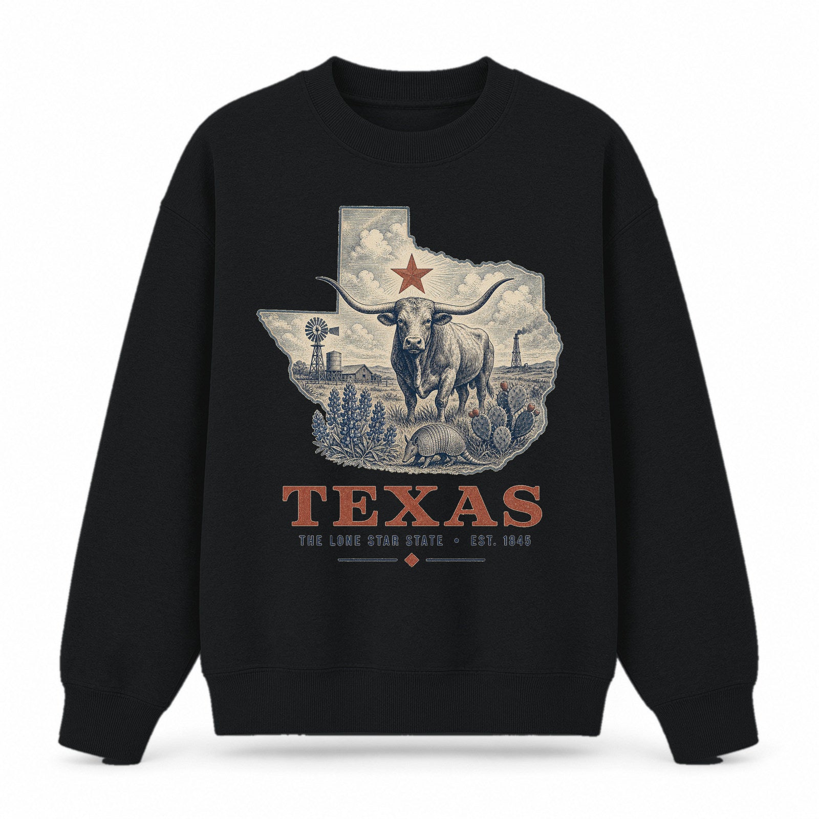 Vintage Texas State Graphic Crewneck Sweatshirt in Black, front view on a white background