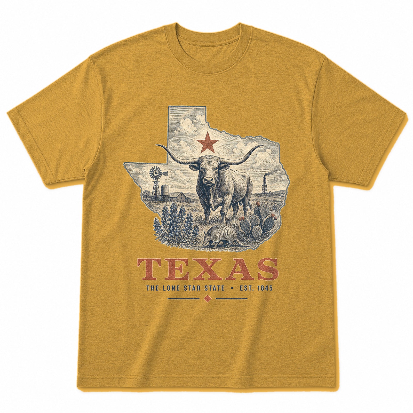 Vintage Texas State Graphic T-Shirt in Vintage Mustard Yellow, front view on a white background