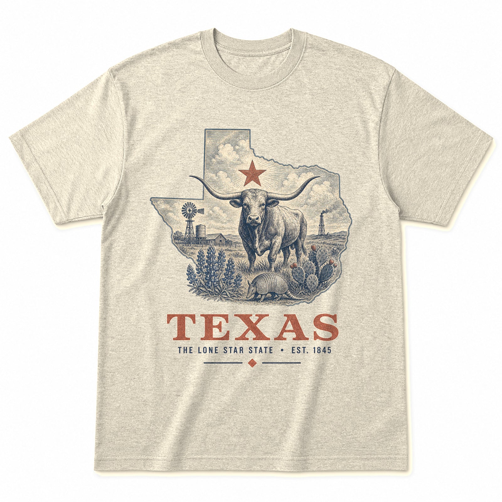 Vintage Texas State Graphic T-Shirt in Natural Cream, front view on a white background