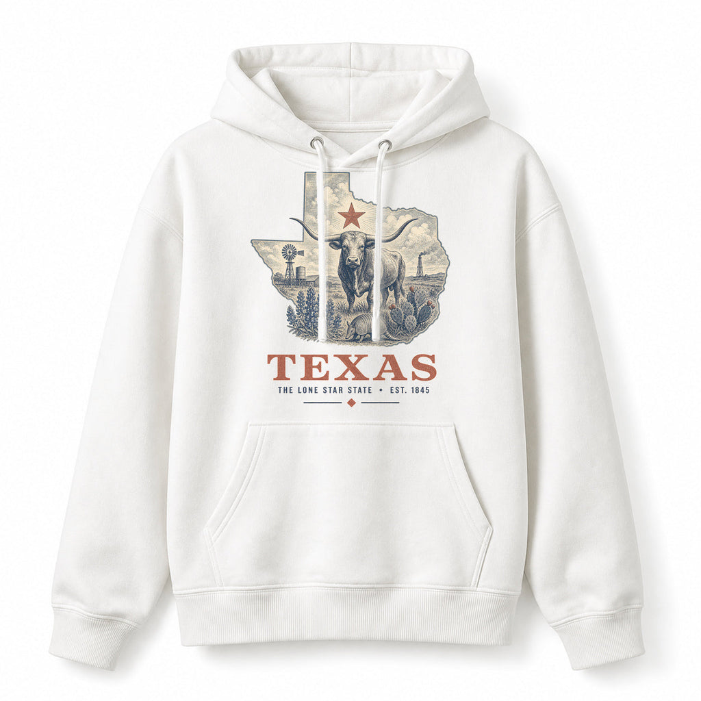 Vintage Texas State Graphic Pullover Hoodie in White, front view on a white background