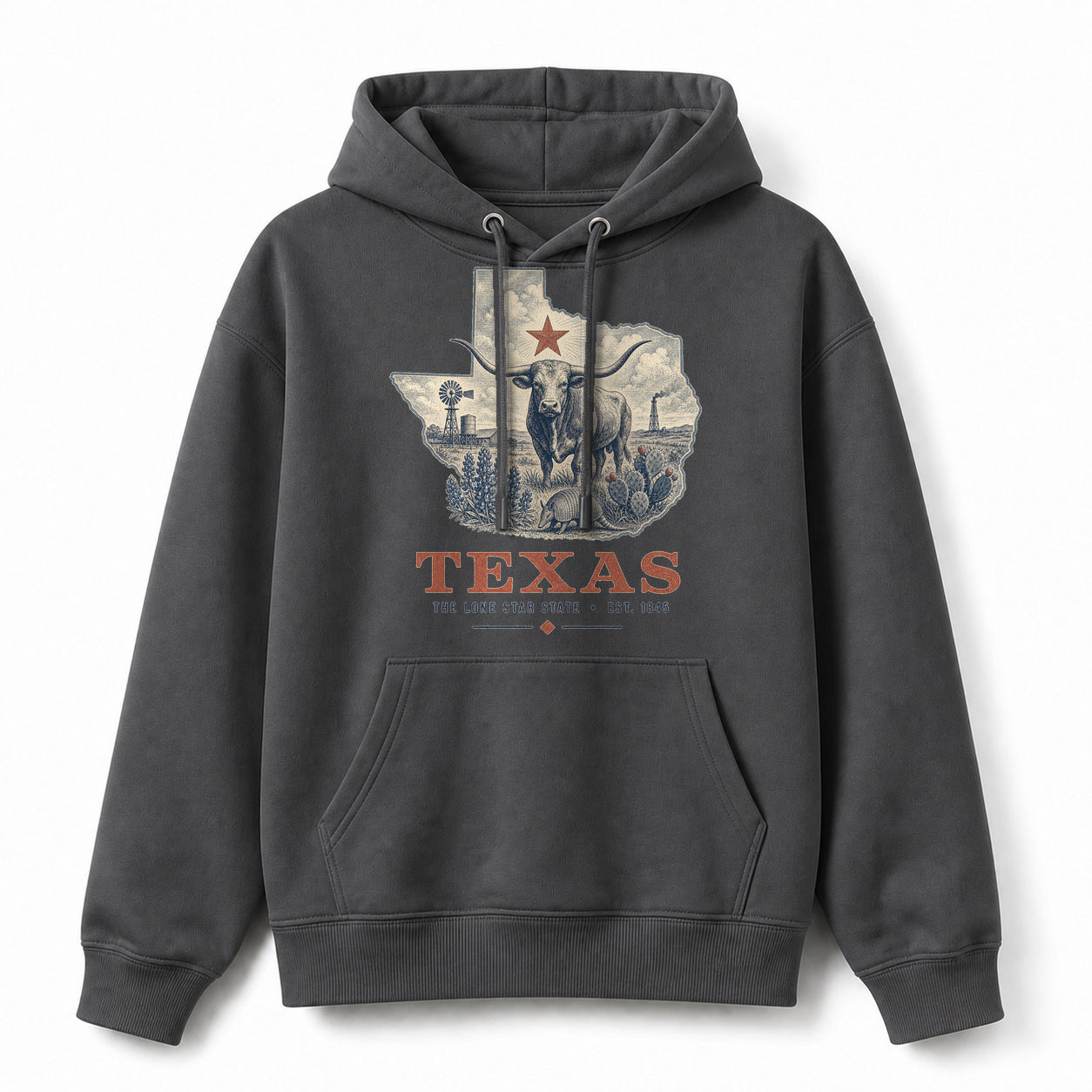 Vintage Texas State Graphic Pullover Hoodie in Dark Gray, front view on a white background