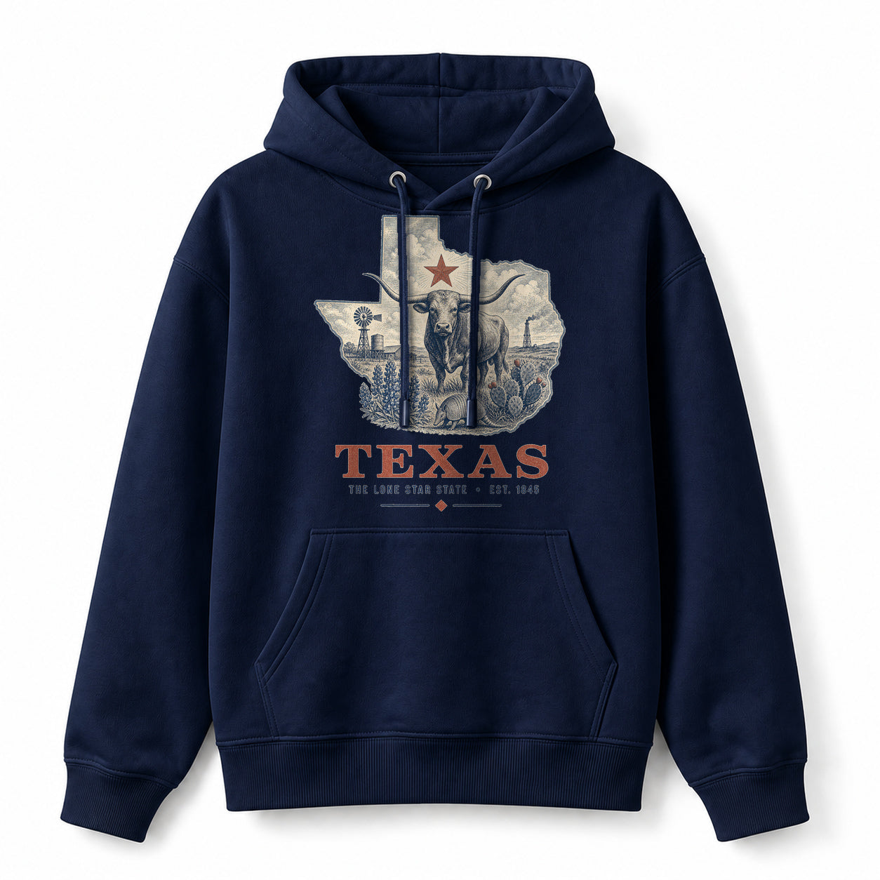 Vintage Texas State Graphic Pullover Hoodie in Navy, front view on a white background