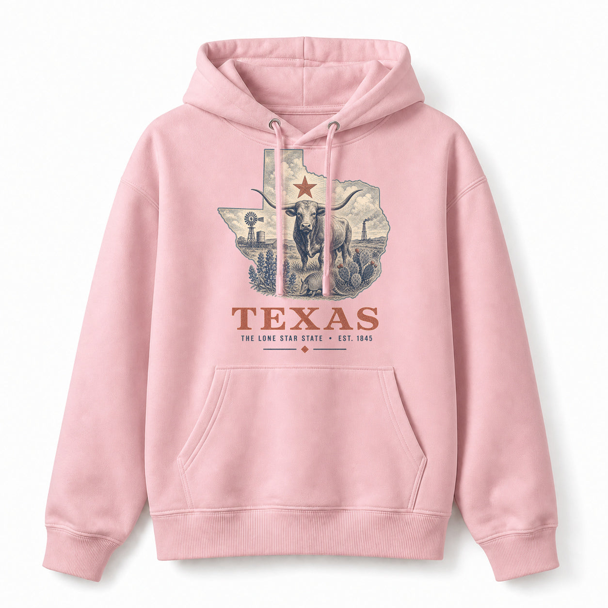 Vintage Texas State Graphic Pullover Hoodie in Light Pink, front view on a white background