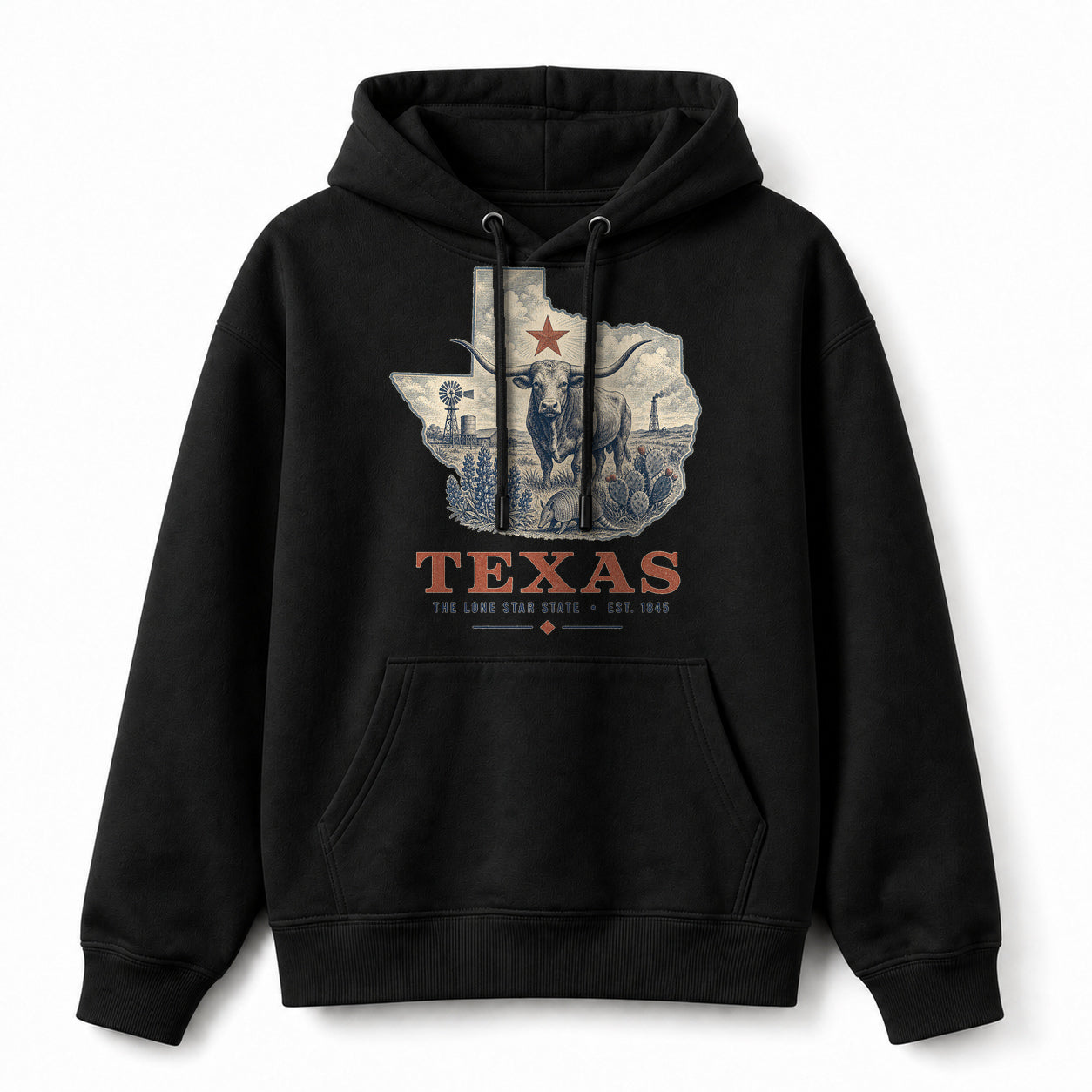 Vintage Texas State Graphic Pullover Hoodie in Black, front view on a white background