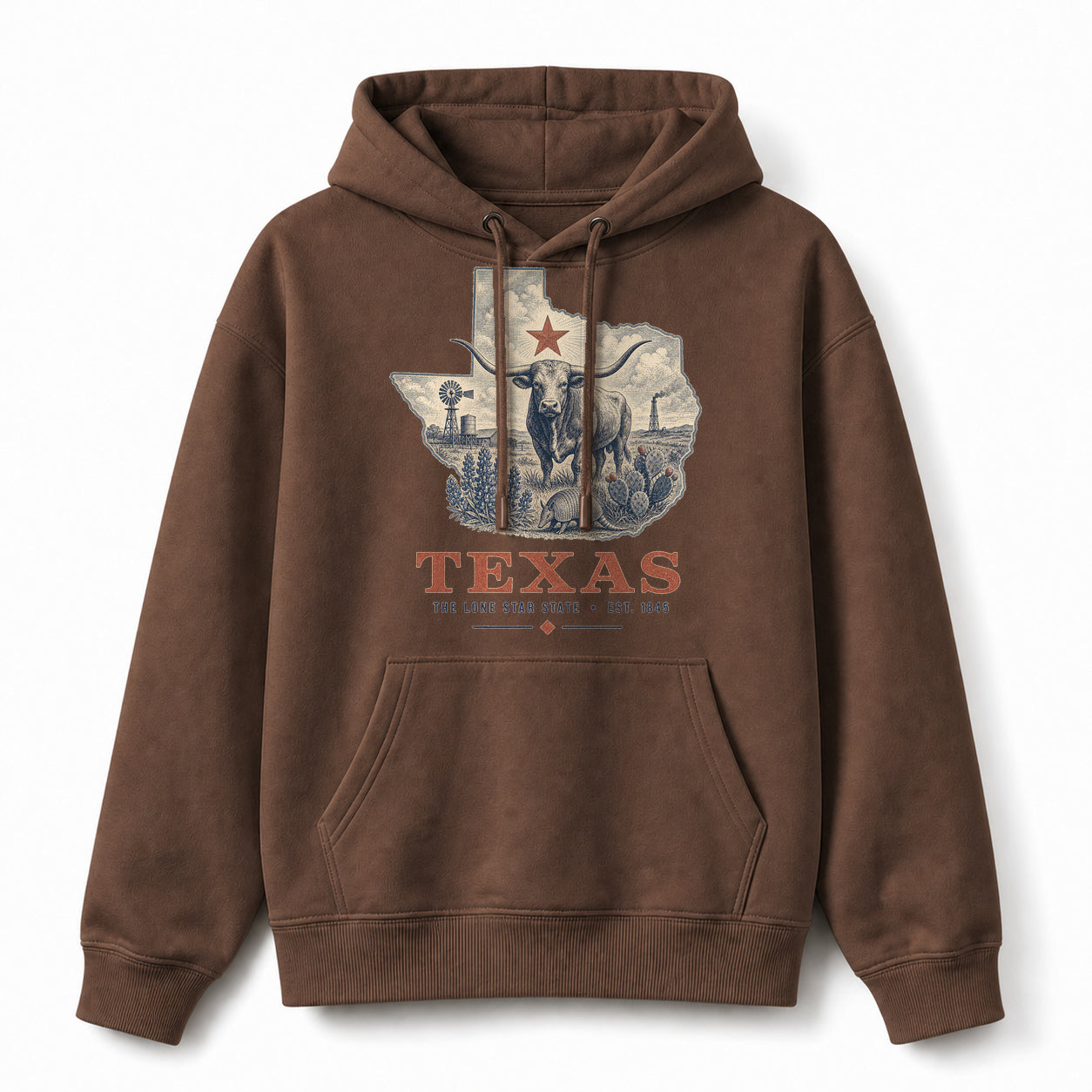 Vintage Texas State Graphic Pullover Hoodie in Coffee Brown, front view on a white background