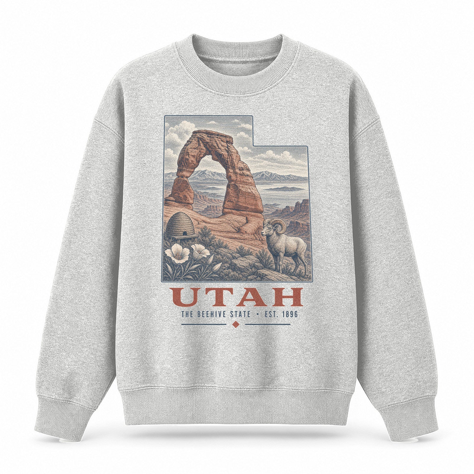 Vintage Utah State Graphic Crewneck Sweatshirt in Light Gray, front view on a white background