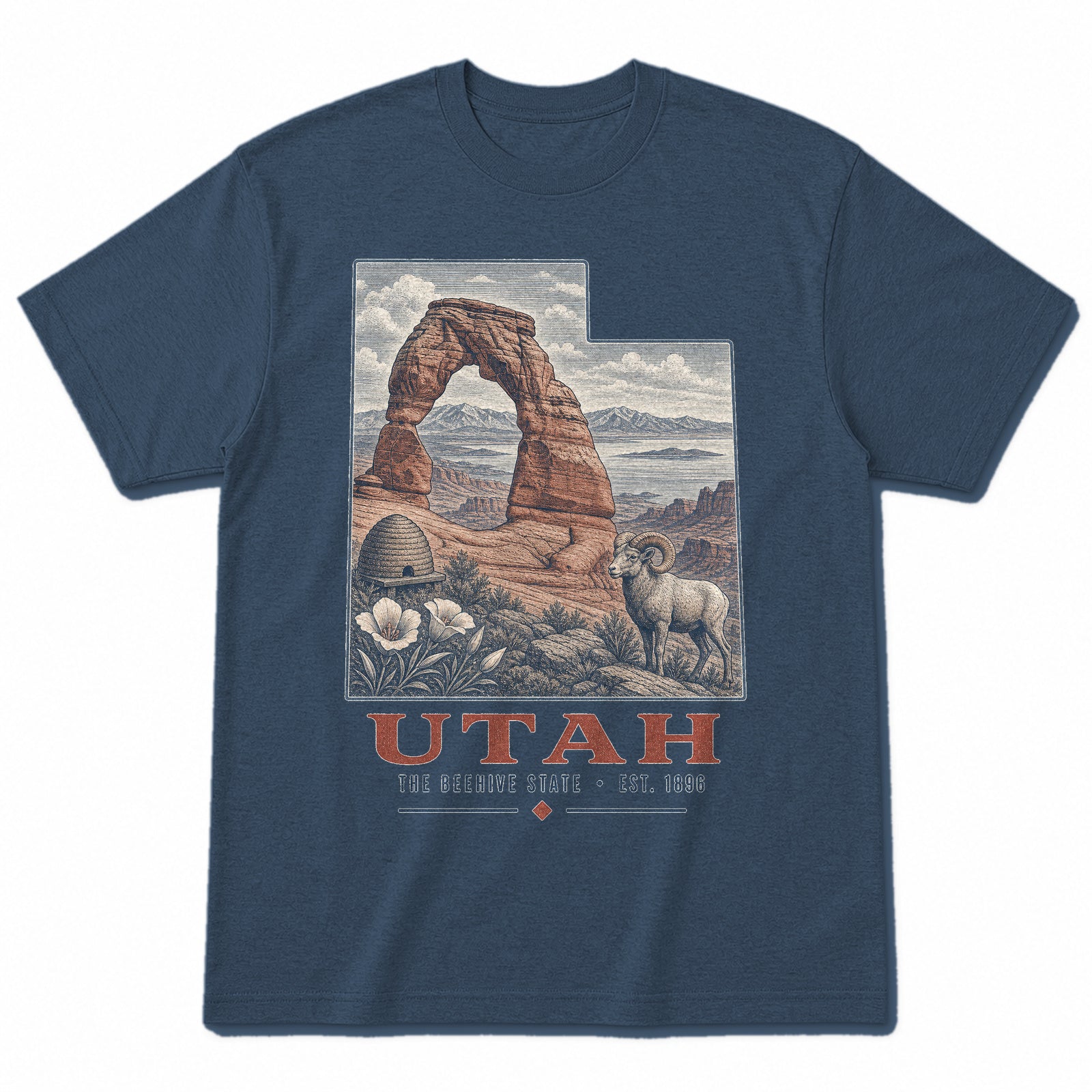 Vintage Utah State Graphic T-Shirt in Washed Navy, front view on a white background