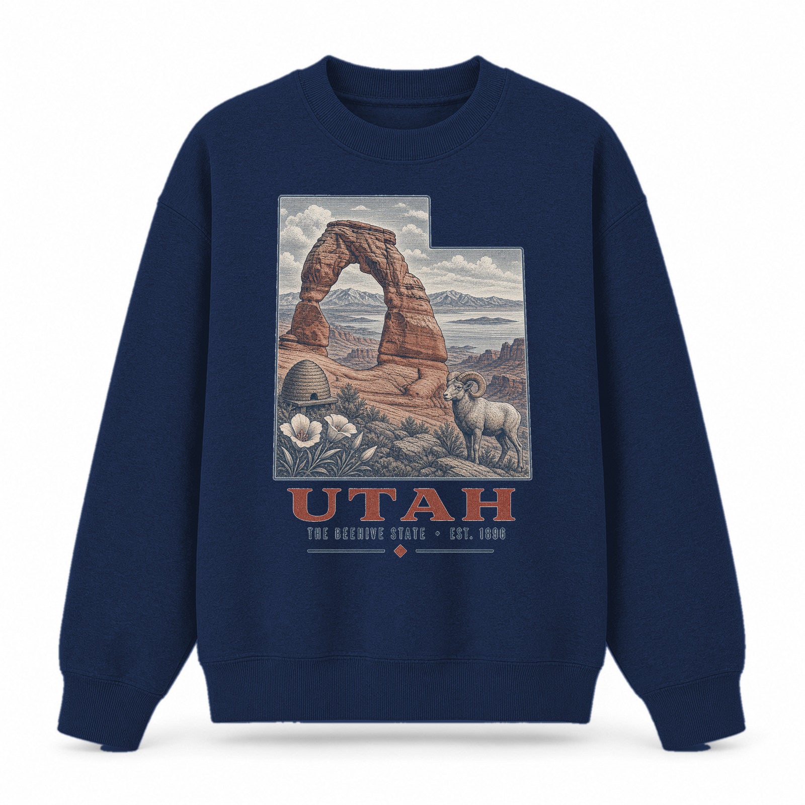 Vintage Utah State Graphic Crewneck Sweatshirt in Navy, front view on a white background