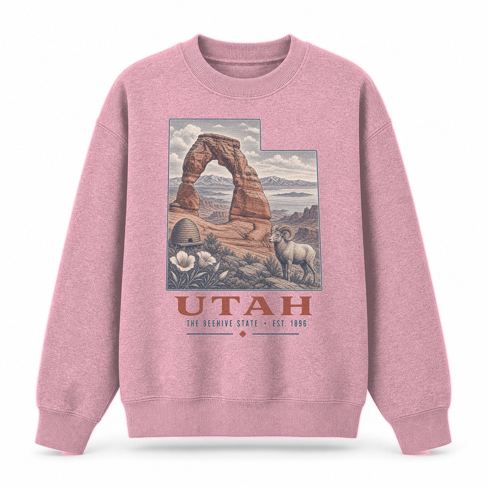 Vintage Utah State Graphic Crewneck Sweatshirt in Pink, front view on a white background
