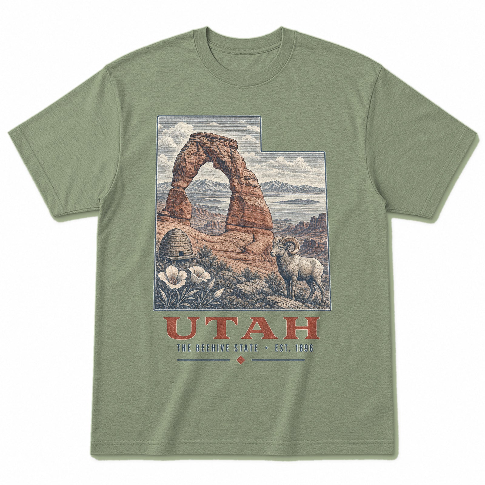 Vintage Utah State Graphic T-Shirt in Light Sage Green, front view on a white background