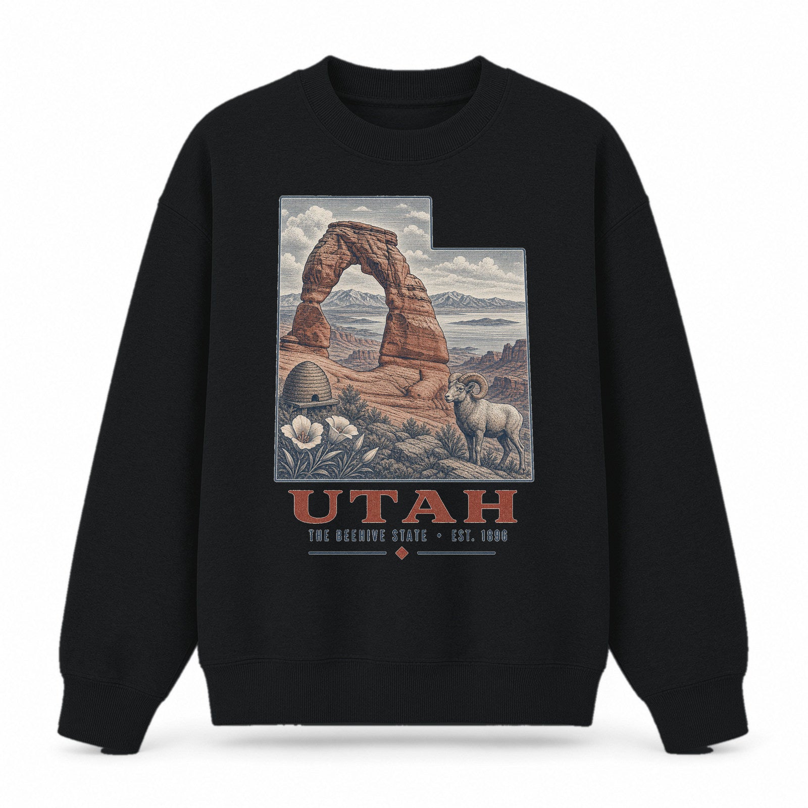 Vintage Utah State Graphic Crewneck Sweatshirt in Black, front view on a white background