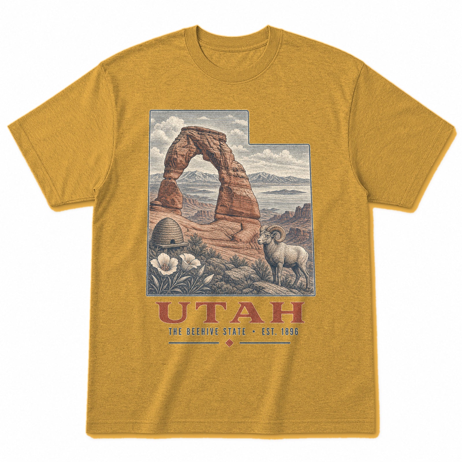 Vintage Utah State Graphic T-Shirt in Vintage Mustard Yellow, front view on a white background