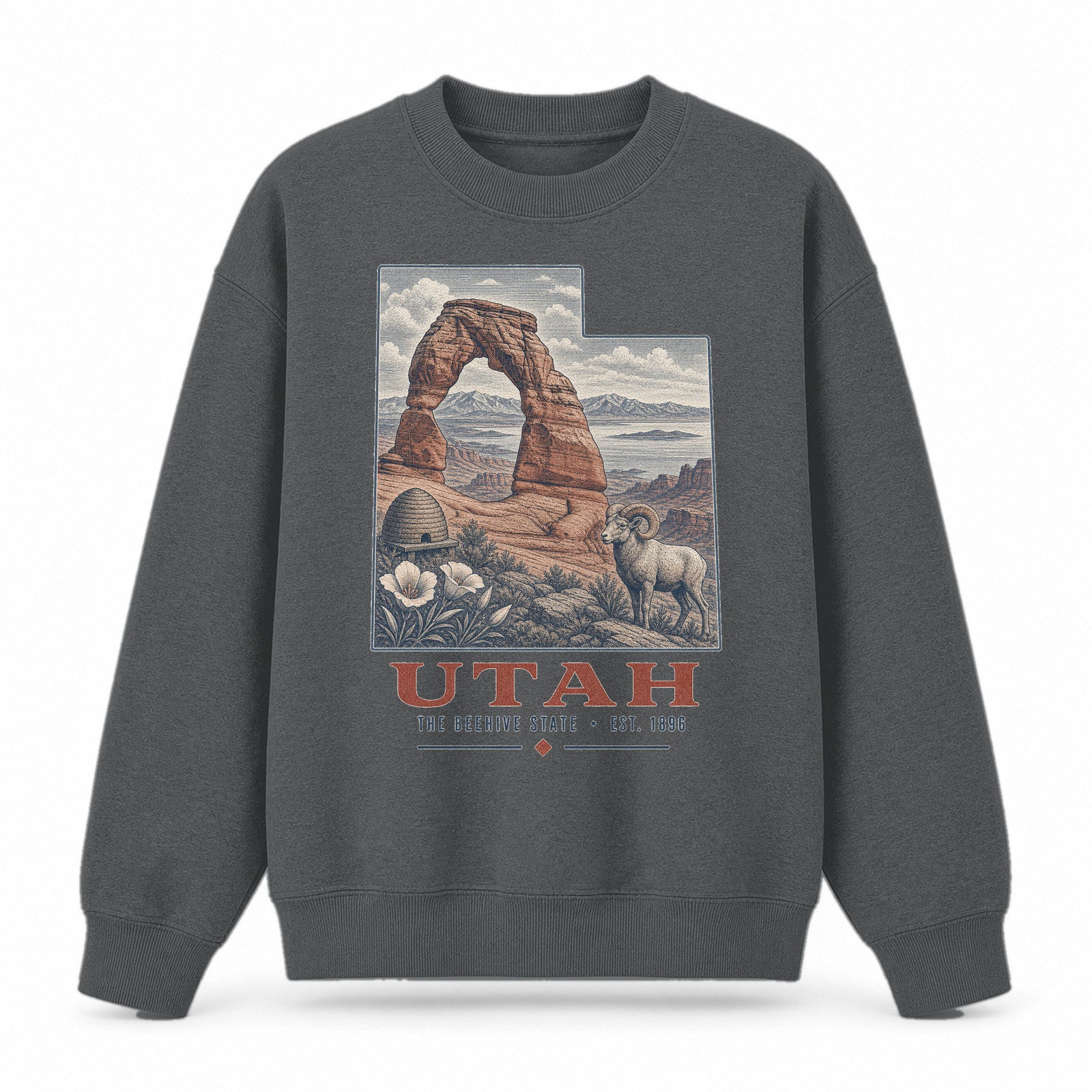 Vintage Utah State Graphic Crewneck Sweatshirt in Dark Gray, front view on a white background