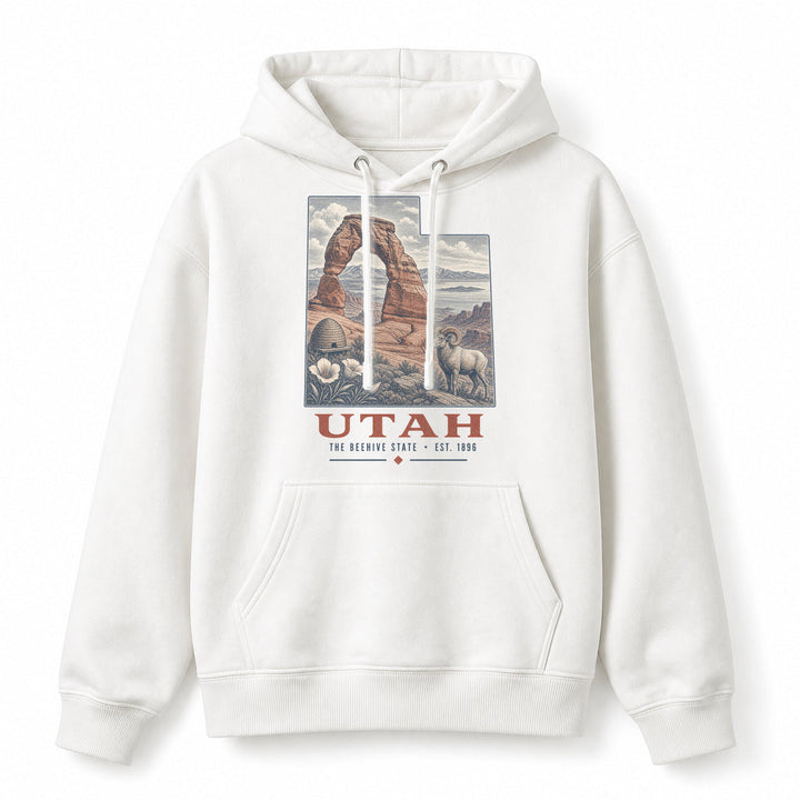 Vintage Utah State Graphic Pullover Hoodie in White, front view on a white background
