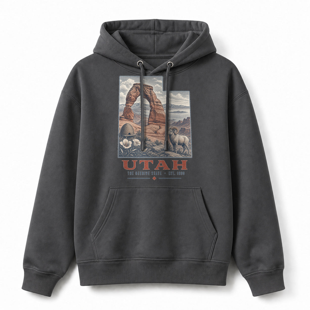 Vintage Utah State Graphic Pullover Hoodie in Dark Gray, front view on a white background
