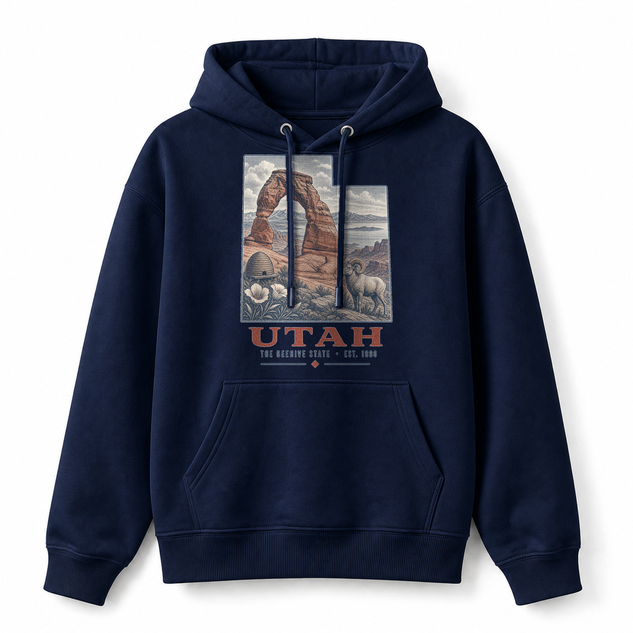 Vintage Utah State Graphic Pullover Hoodie in Navy, front view on a white background