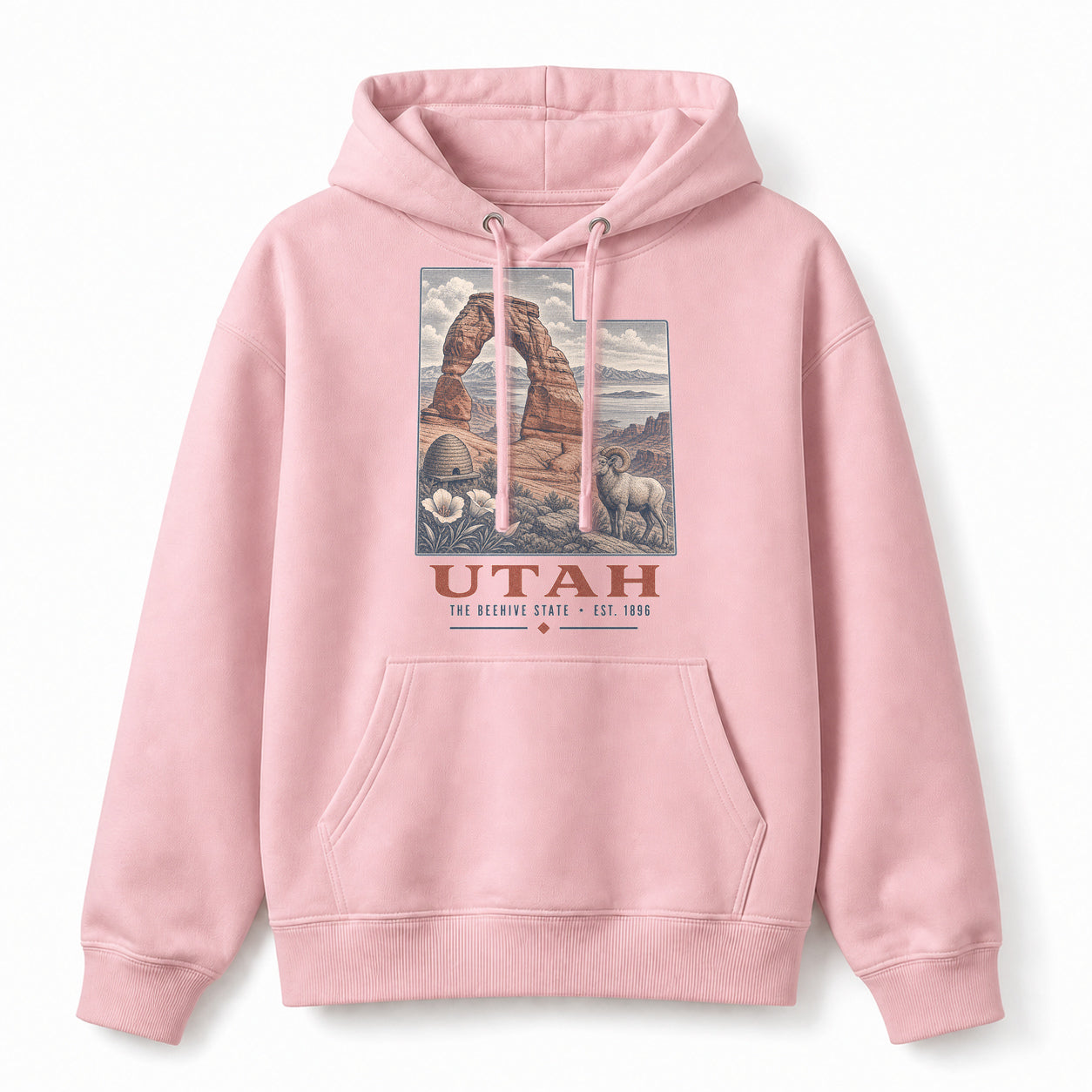 Vintage Utah State Graphic Pullover Hoodie in Light Pink, front view on a white background
