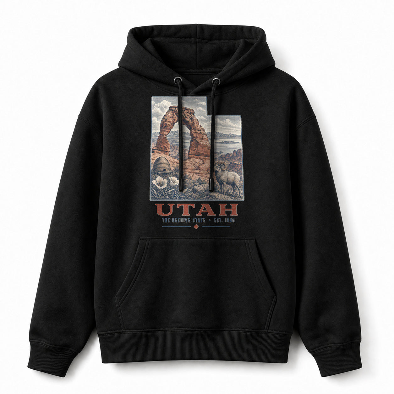 Vintage Utah State Graphic Pullover Hoodie in Black, front view on a white background