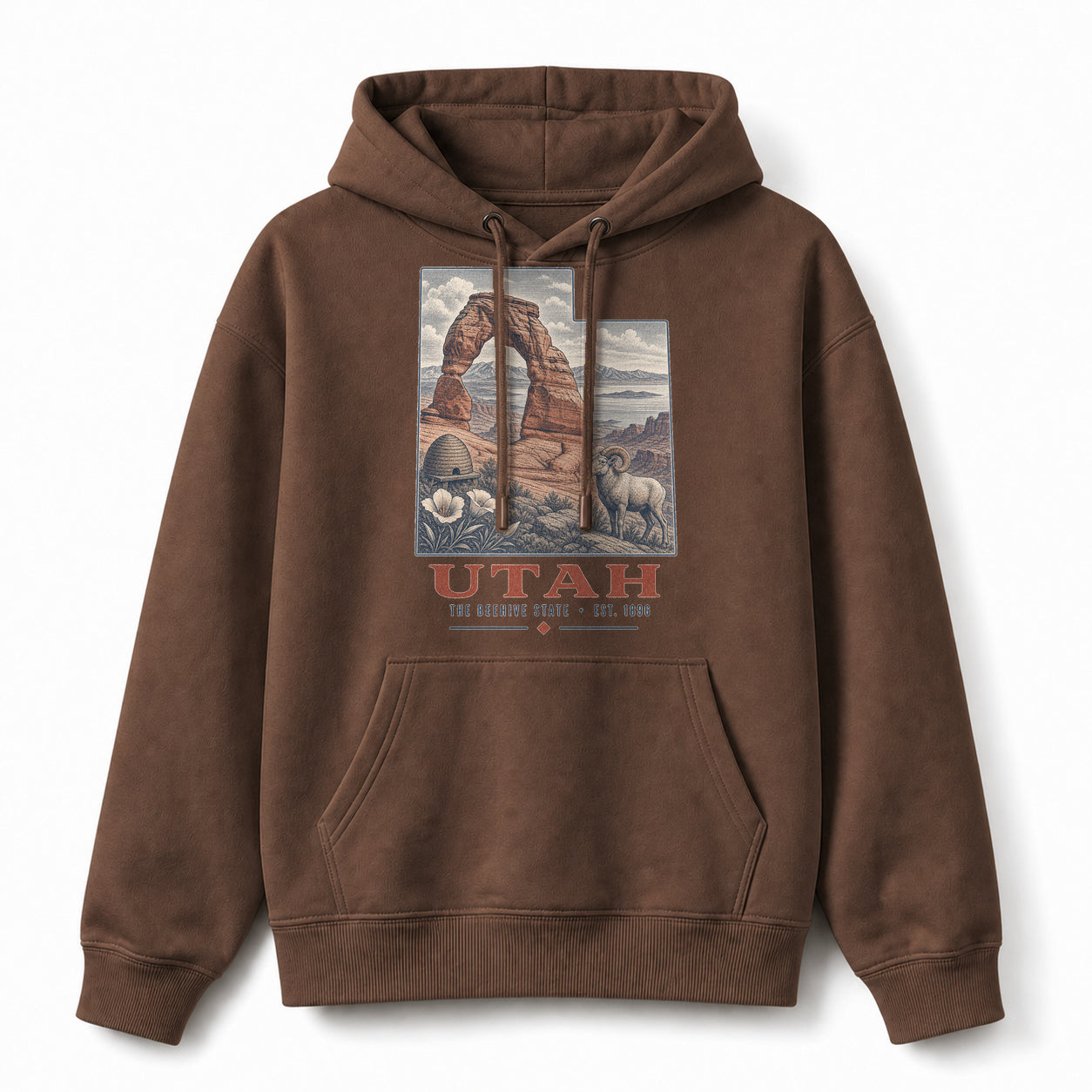 Vintage Utah State Graphic Pullover Hoodie in Coffee Brown, front view on a white background