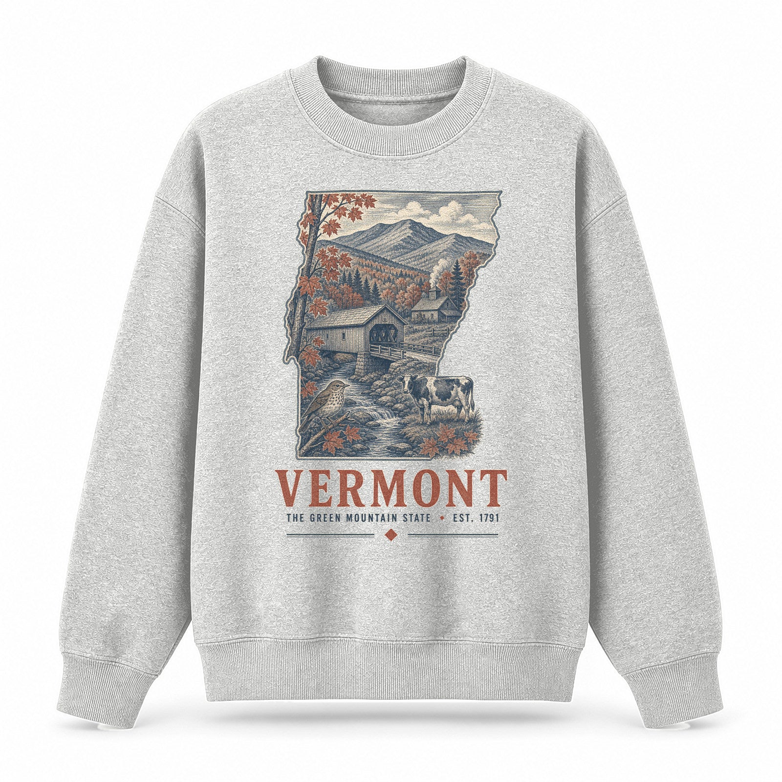 Vintage Vermont State Graphic Crewneck Sweatshirt in Light Gray, front view on a white background