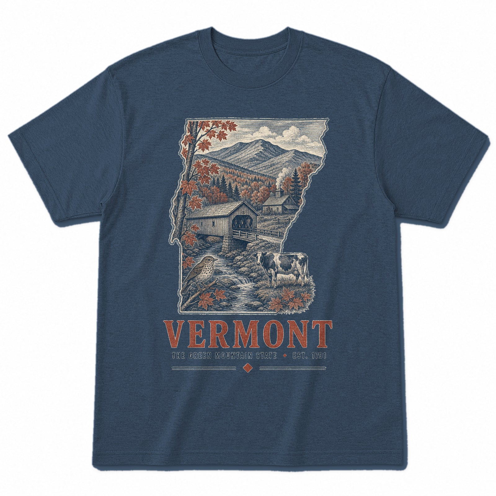Vintage Vermont State Graphic T-Shirt in Washed Navy, front view on a white background