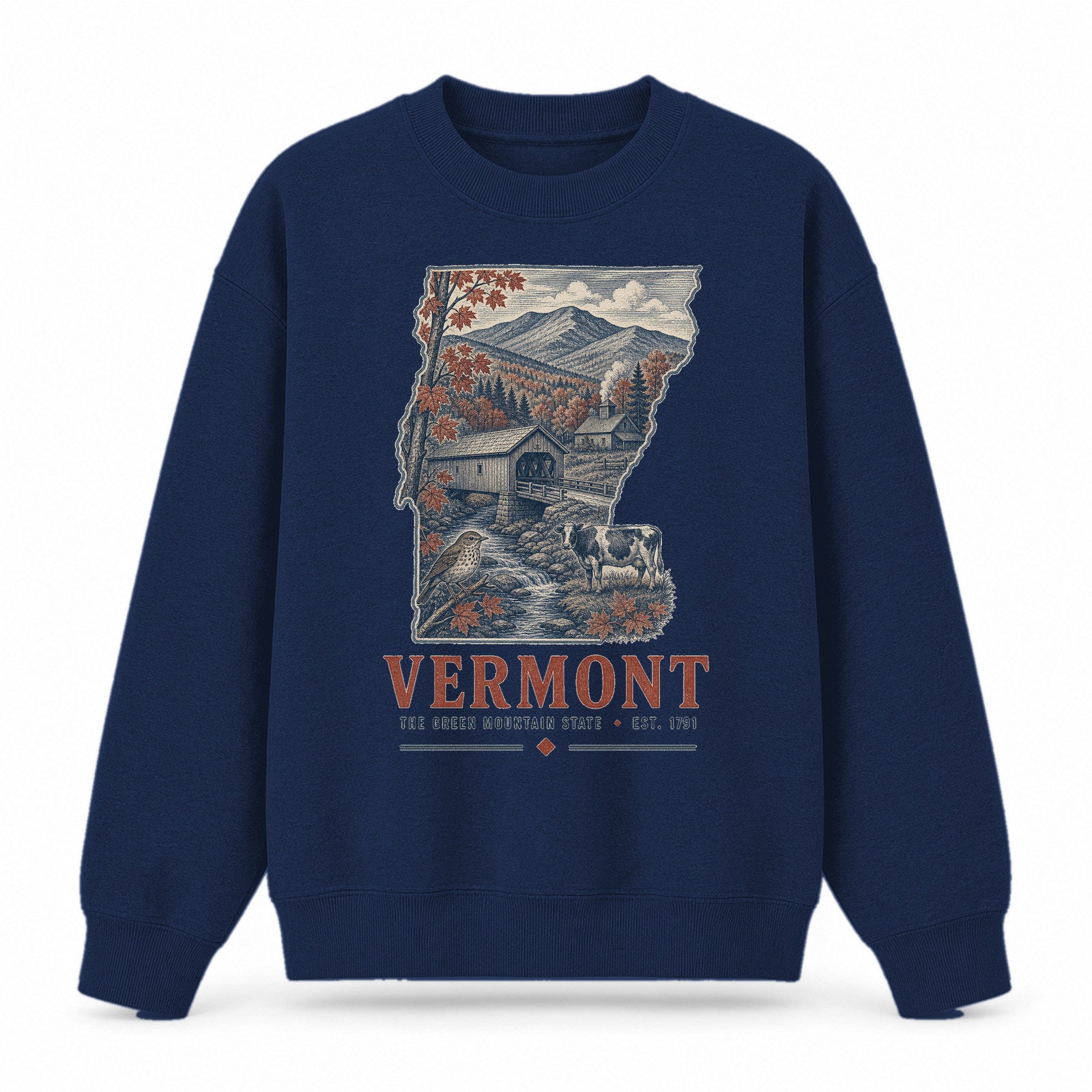 Vintage Vermont State Graphic Crewneck Sweatshirt in Navy, front view on a white background