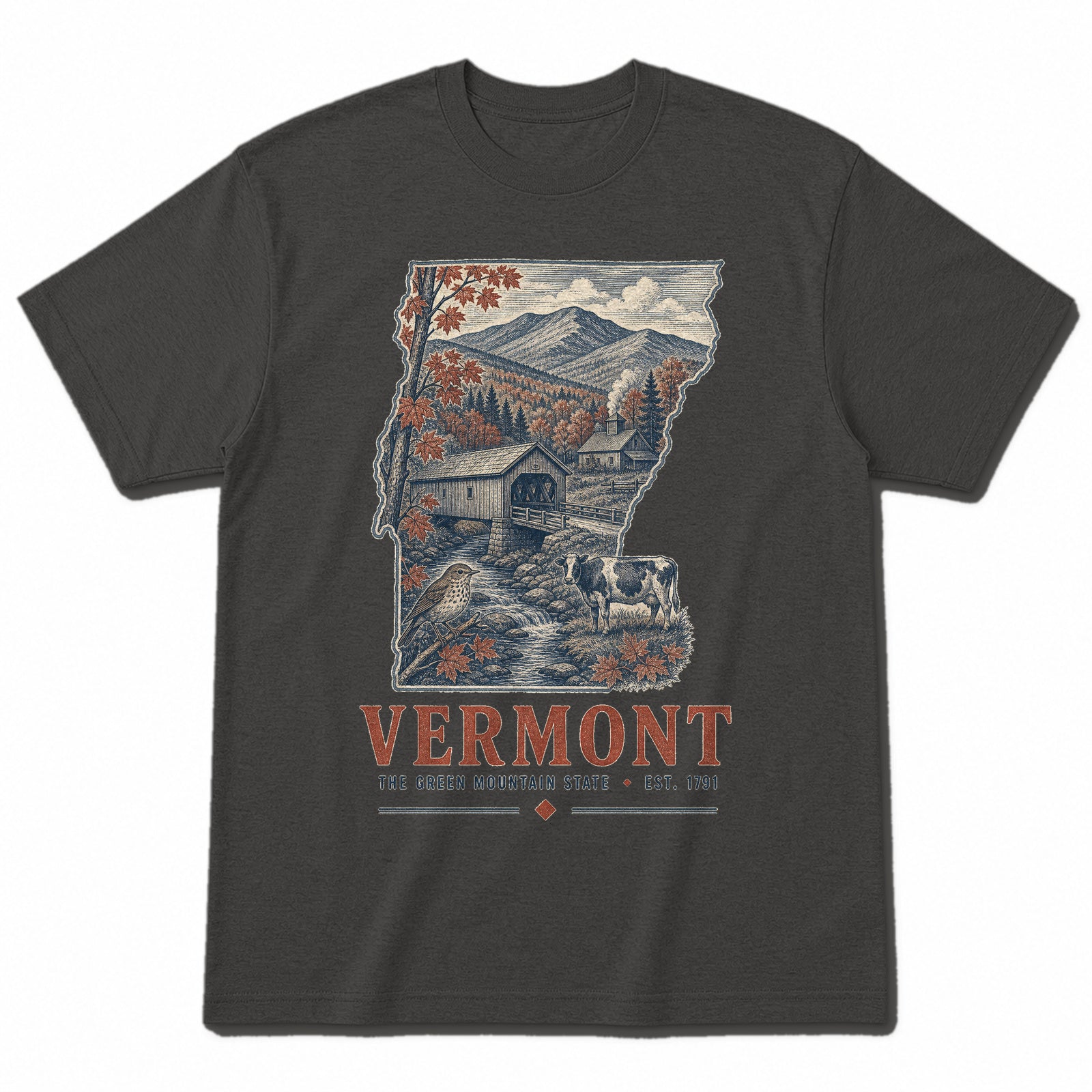 Vintage Vermont State Graphic T-Shirt in Vintage Charcoal, front view on a white background