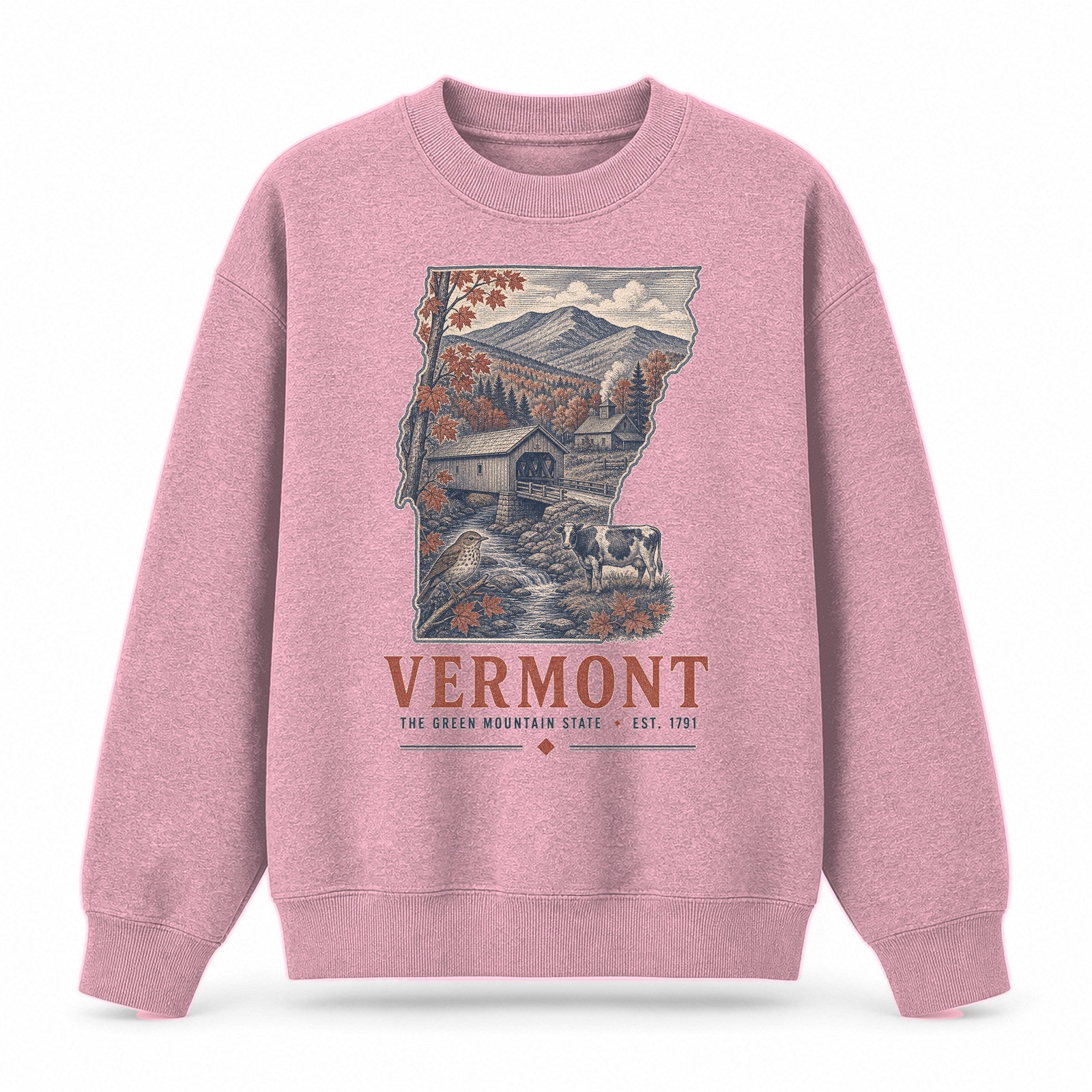 Vintage Vermont State Graphic Crewneck Sweatshirt in Pink, front view on a white background